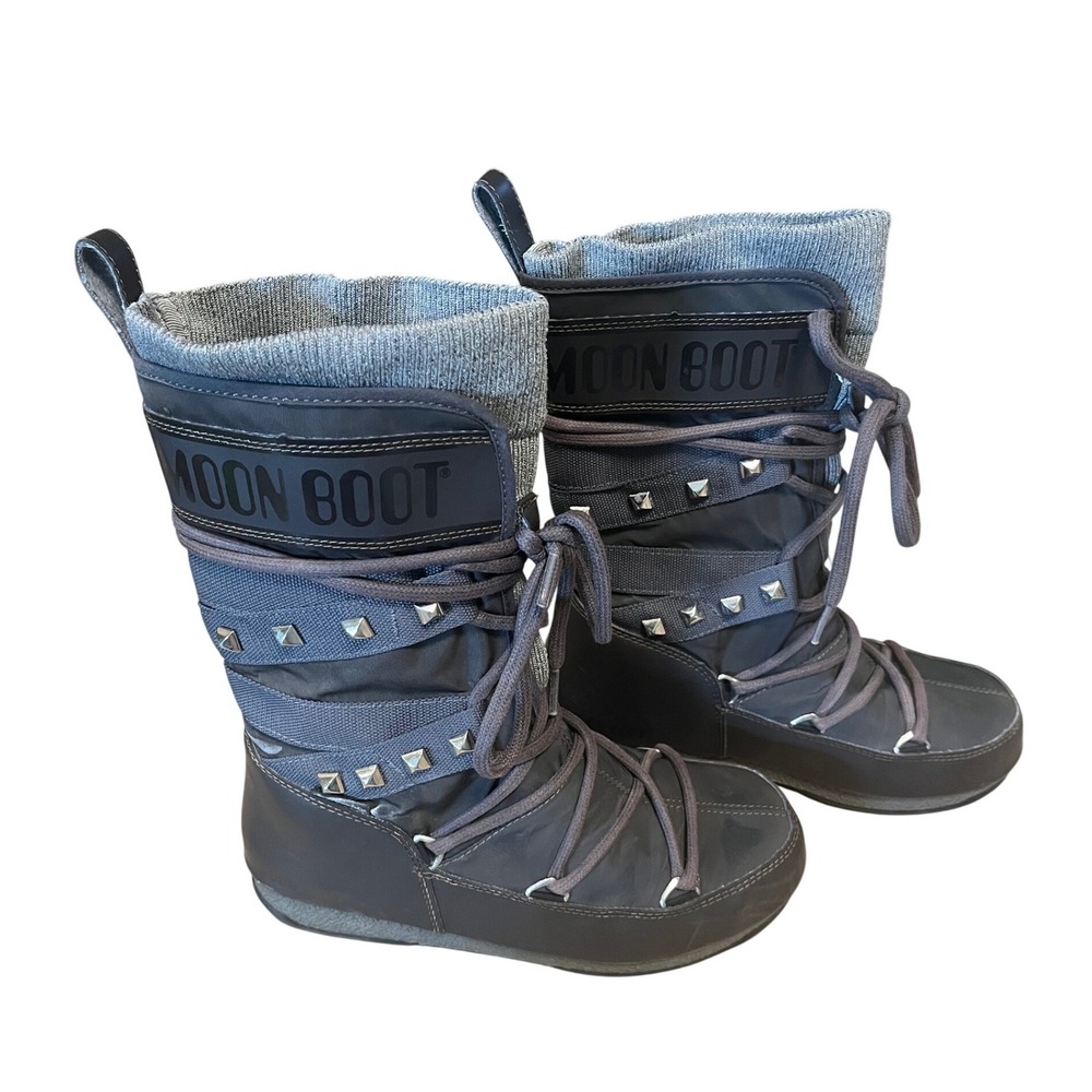 Moon Boot Women Studded Snow Boots Grey Knit Collar Mid Calf EU 38 US 7